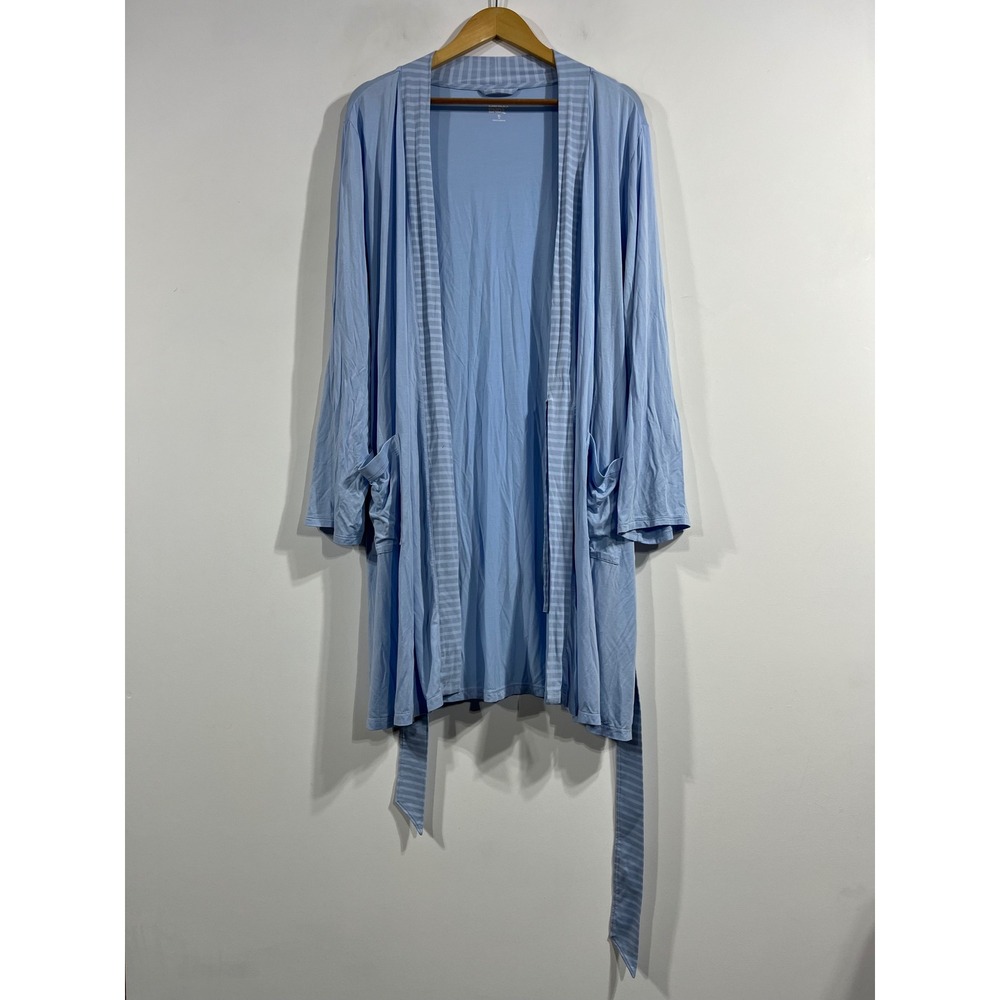 Lands End Coastal Preppy Light Blue Striped Trim Knit‎ Robe Lounge Womens XL